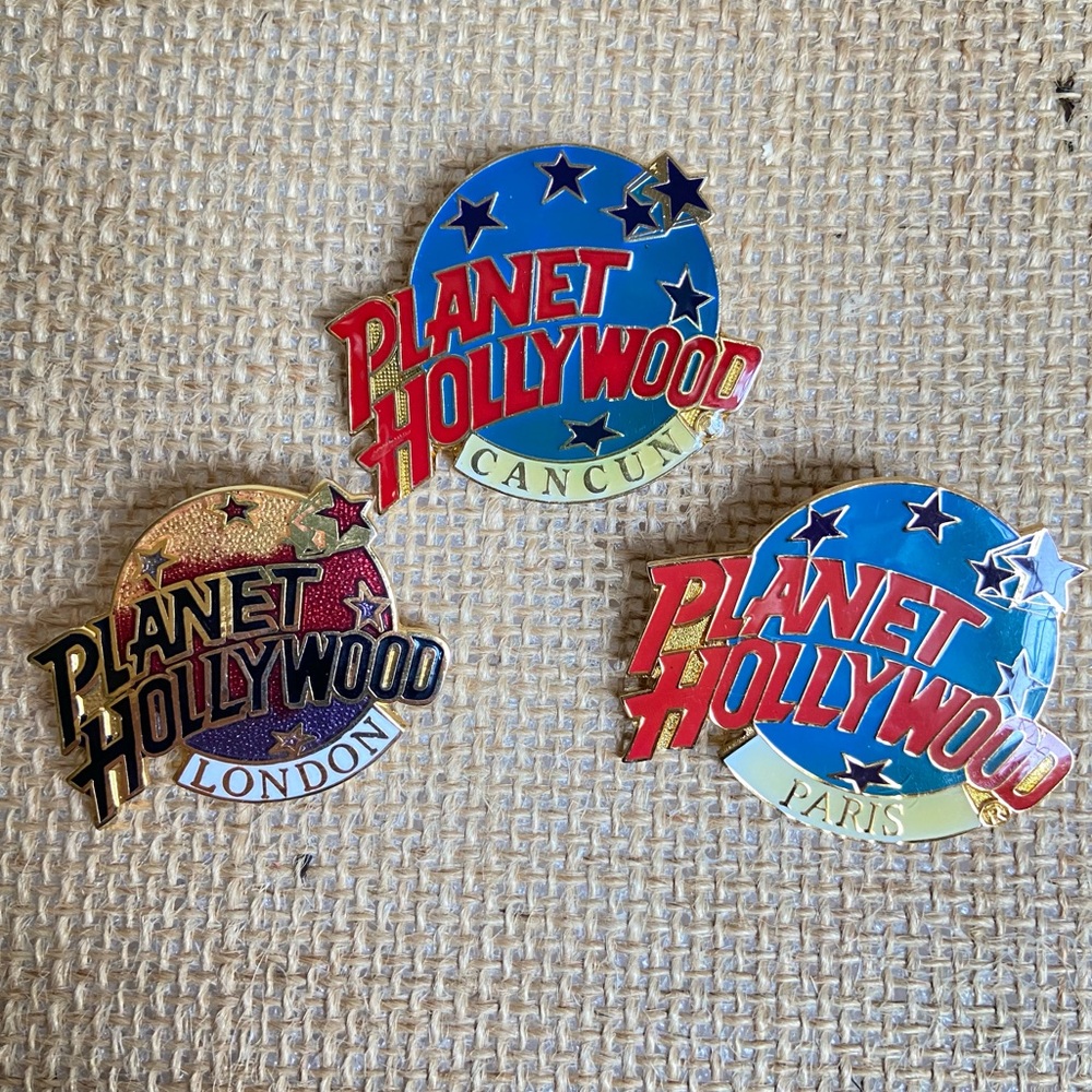 Planet Hollywood Cancun Paris London three pins in enamel over goldtone metal